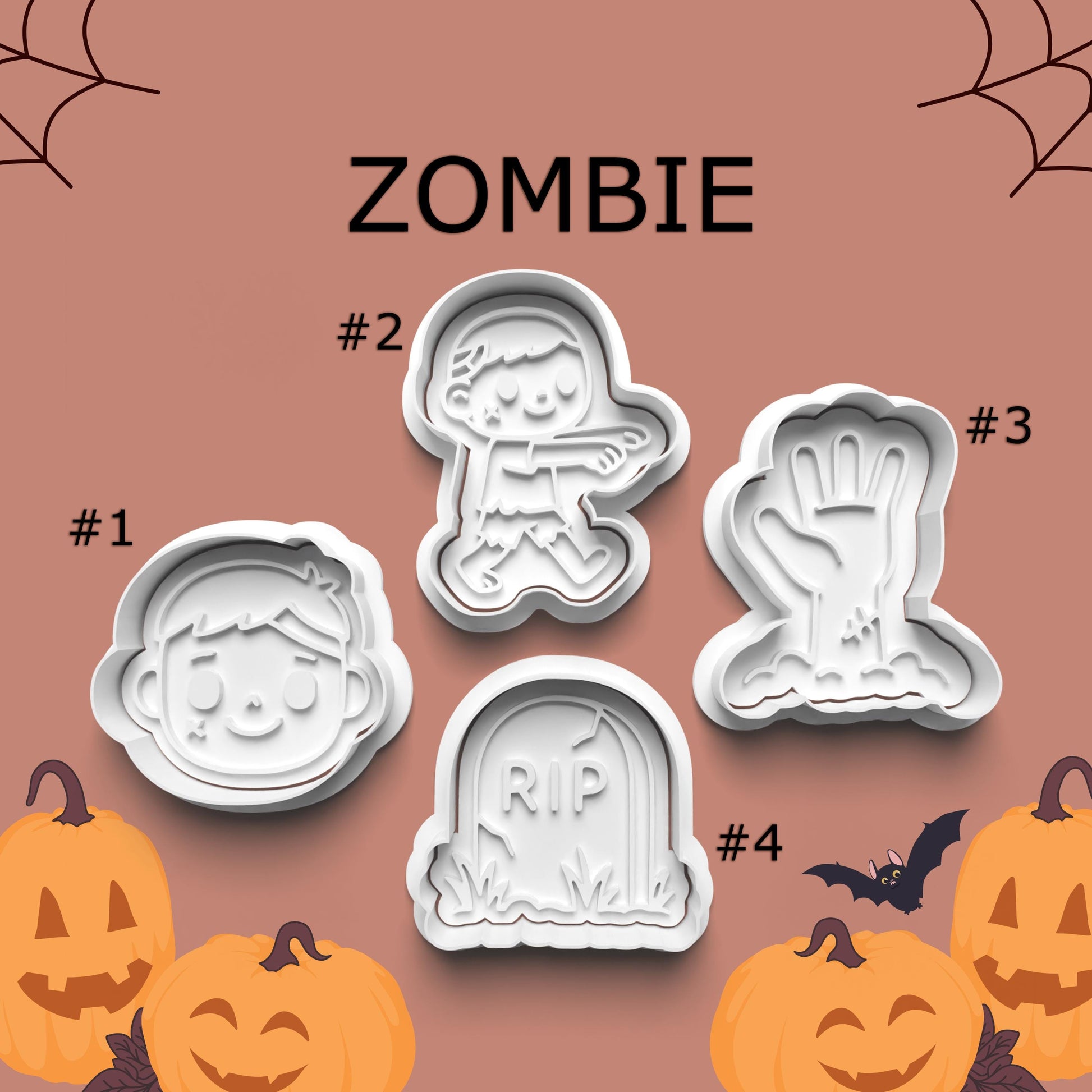 Set of Halloween-themed cookie cutters with zombie design on a brown background with pumpkins and bats.