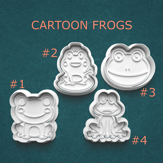 Four cartoon frog-shaped cookie cutters on a teal background with 'Cartoon Frogs' text above.
