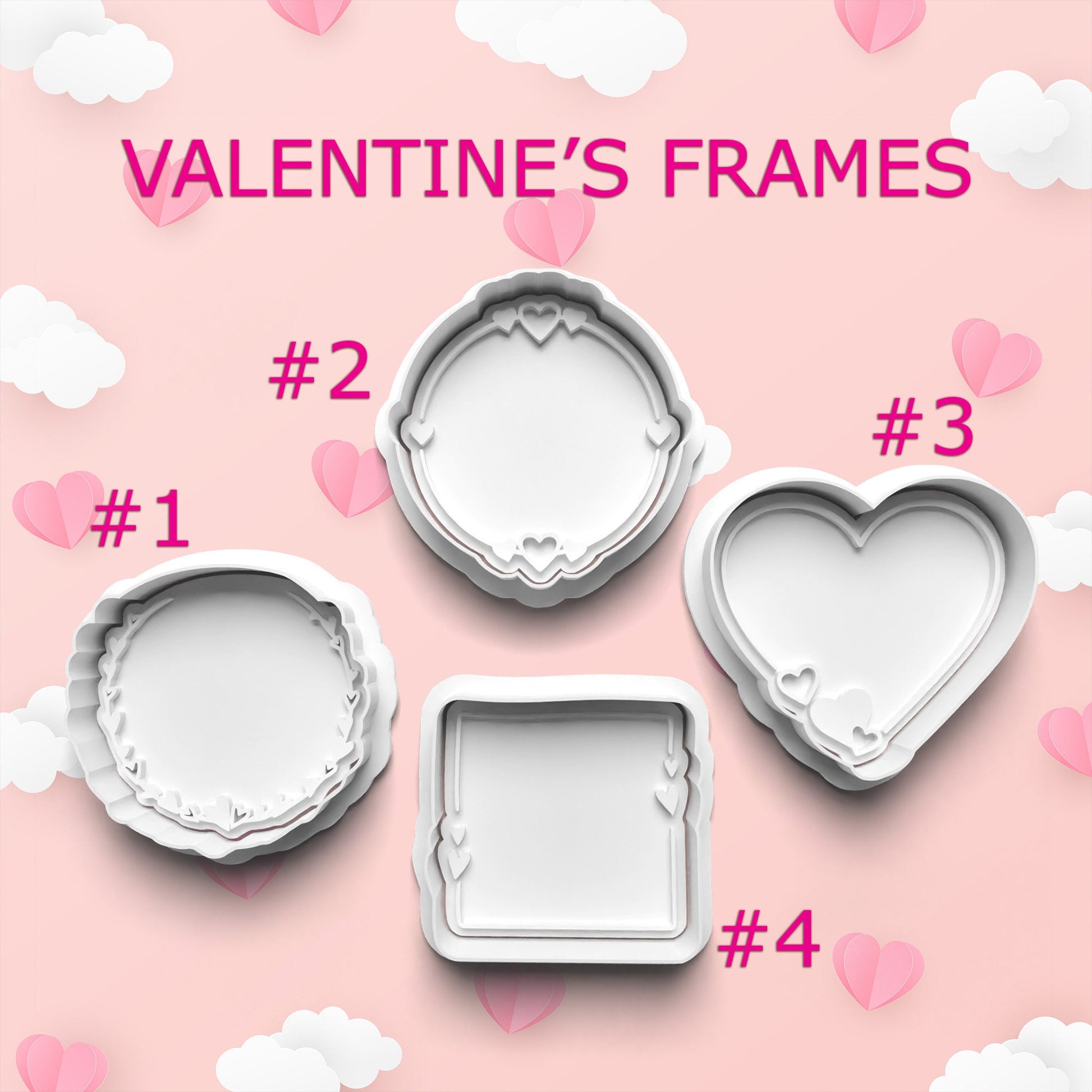 Four Valentine's Day-themed cookie cutters on a pink background with hearts and clouds.