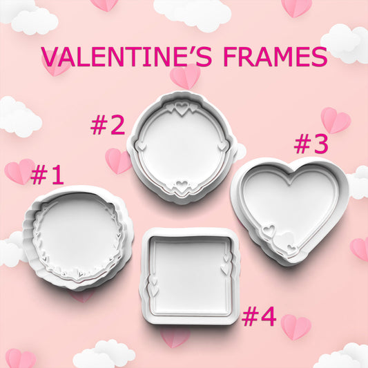 Four Valentine's Day-themed cookie cutters on a pink background with hearts and clouds.