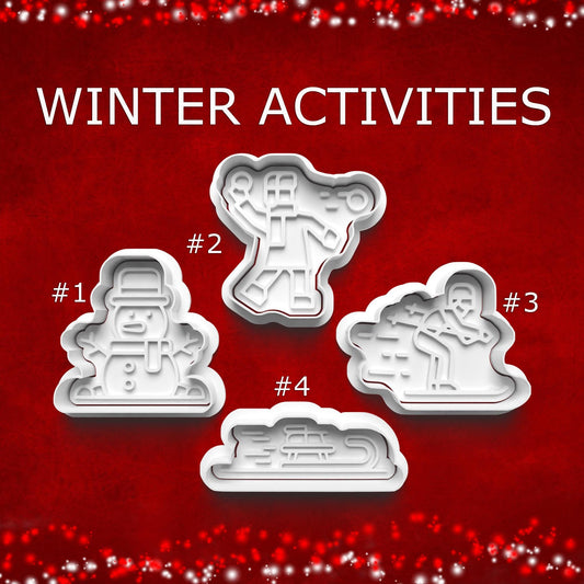 Winter Activities Cookie & Clay Cutter Set – Snowman, Skiing, Sledding, Snowball Fight