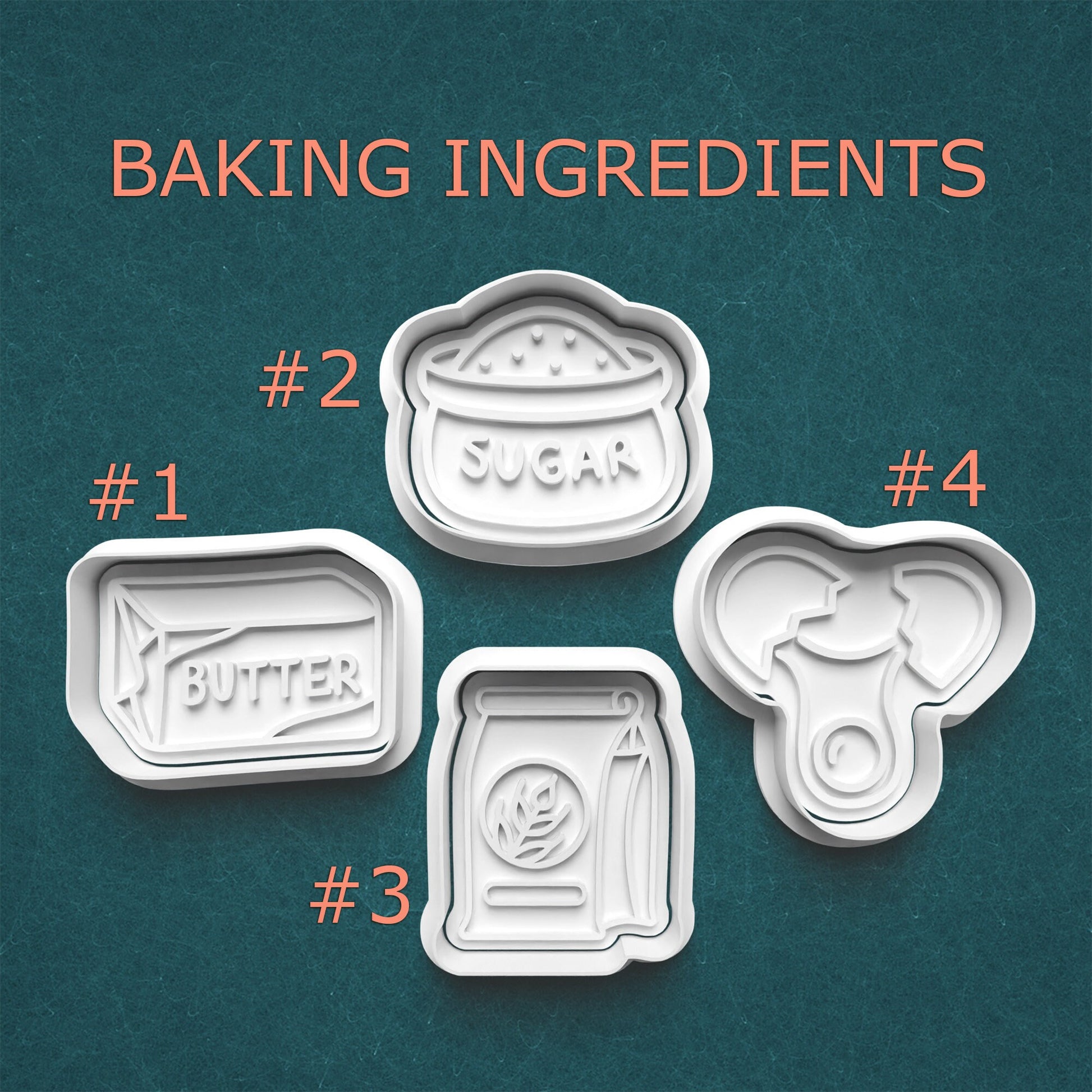 Set of four baking ingredient cookie cutters on a teal background with text indicating 'BAKING INGREDIENTS'.