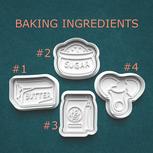 Set of four baking ingredient cookie cutters on a teal background with text indicating 'BAKING INGREDIENTS'.