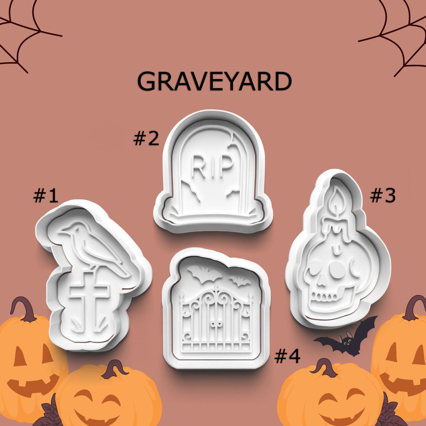 Set of Halloween-themed cookie cutters with designs on a brown background with pumpkins and bats.