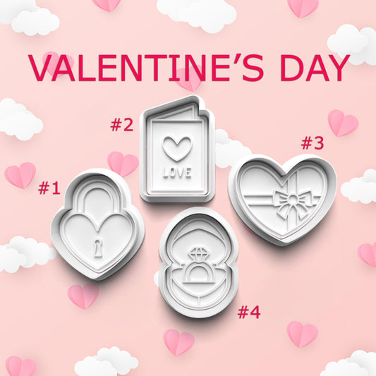 Valentine's Day cookie cutters with heart designs on a pink background with hearts and clouds.