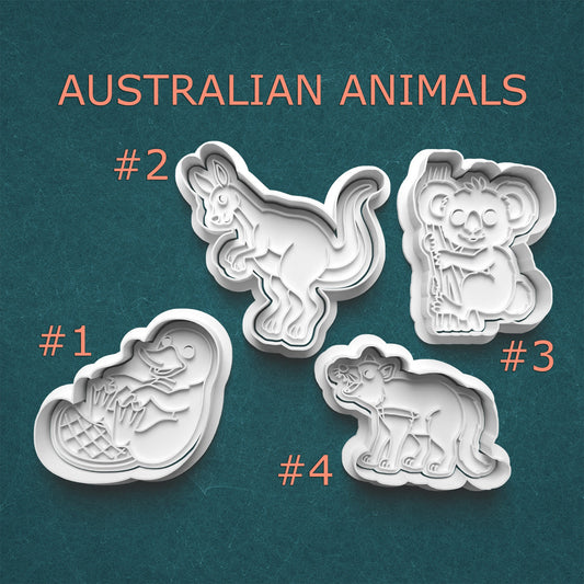 Four cookie cutters shaped like Australian animals on a teal background with text indicating 'Australian Animals'.