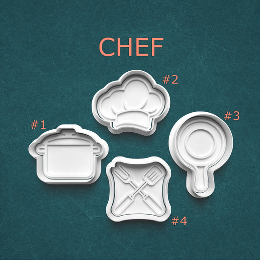 Set of four cookie cutters shaped like kitchen utensils on a teal background with 'CHEF' text.