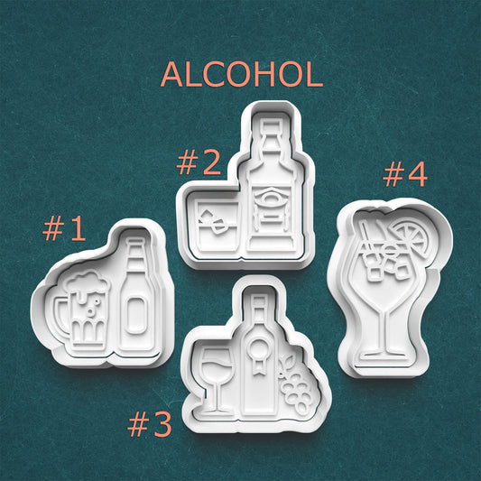 Set of four alcohol-themed cookie cutters on a teal background with 'ALCOHOL' text.