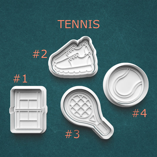 Four cookie cutters shaped like a shoe, racket, and other sports-themed items on a teal background with 'TENNIS' text.
