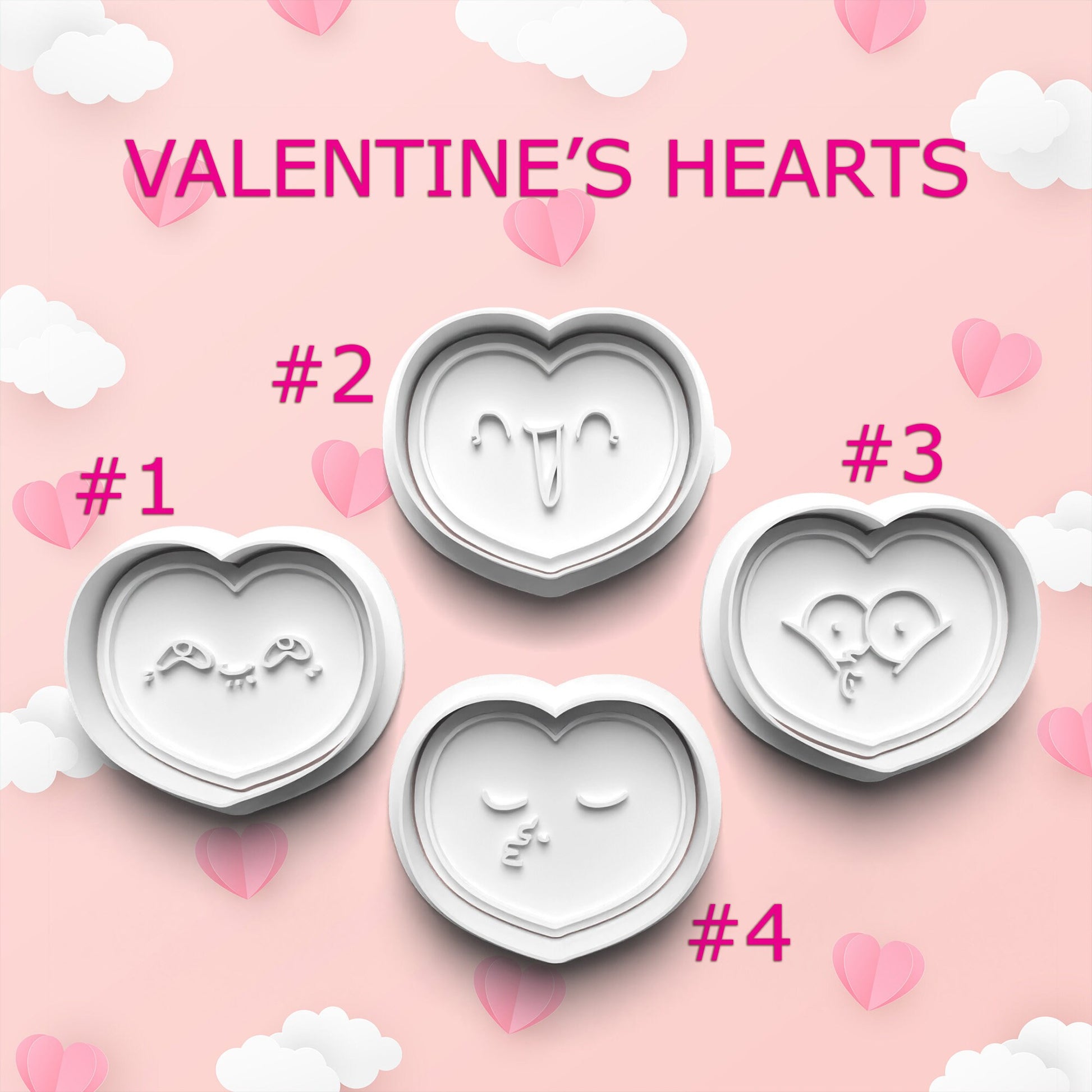 Heart-shaped cookie cutters with designs on a pink background with hearts and clouds.