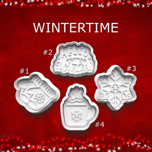Wintertime Cookie & Clay Cutter Set – Snowflake, Mittens, Hot Cocoa, “Hello Winter”