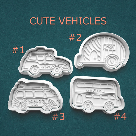 Four cute vehicle-shaped cookie cutters on a teal background with 'Cute Vehicles' text.