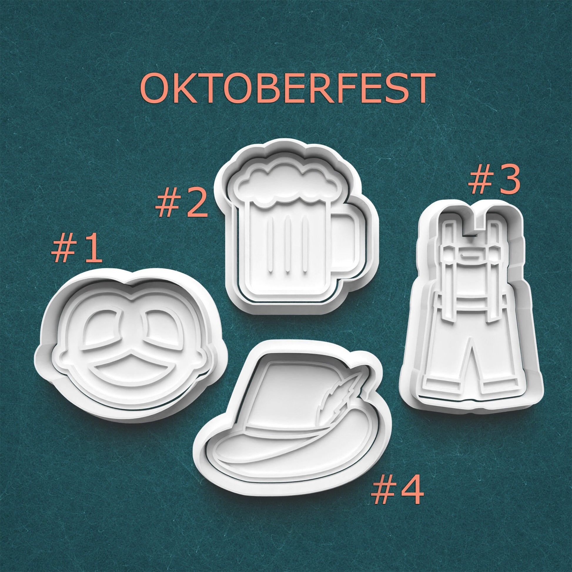 Set of Oktoberfest-themed cookie cutters on a teal background