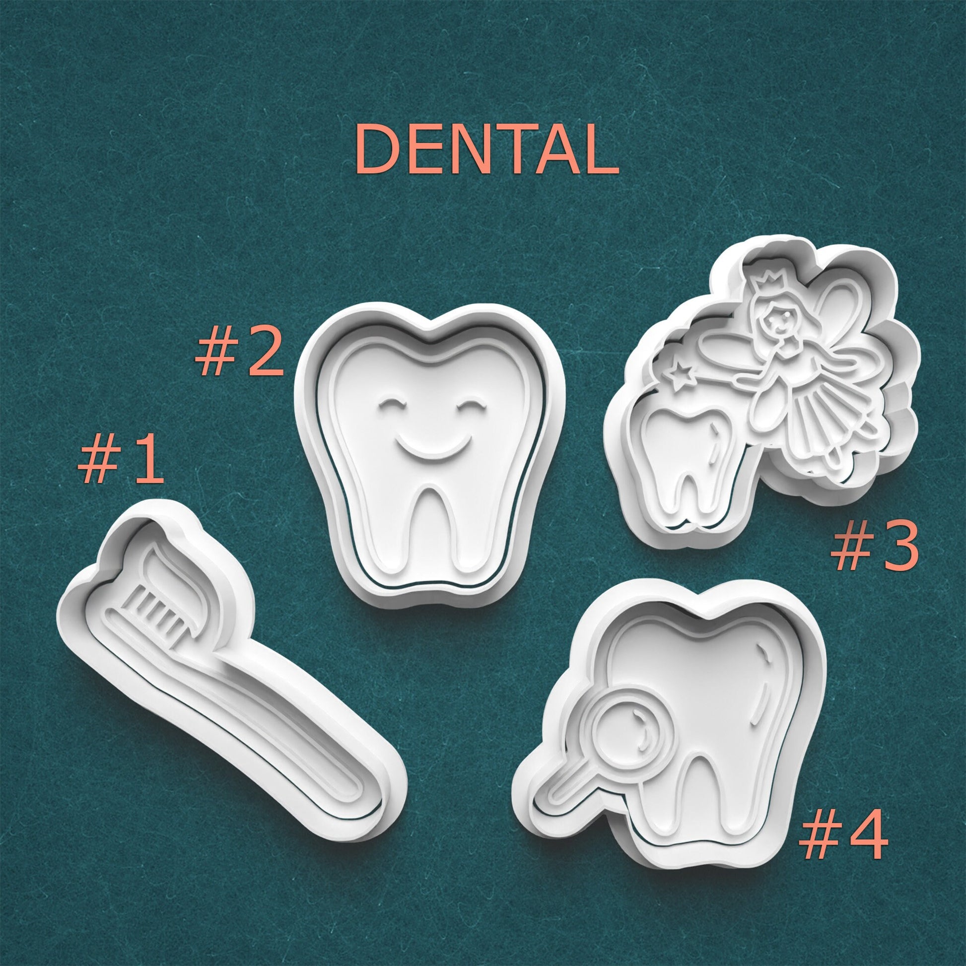 Set of dental-themed cookie cutters on a teal background