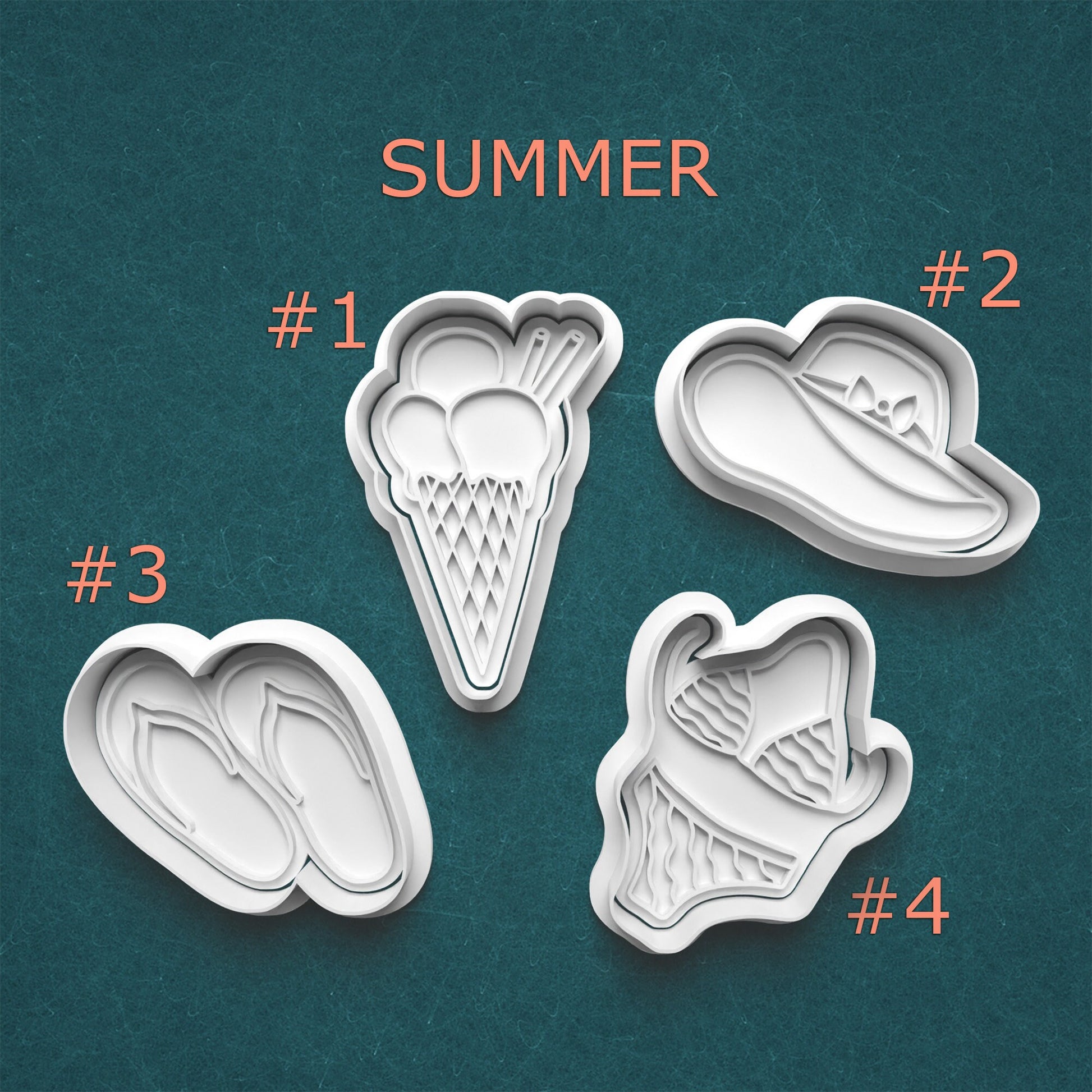Four cookie cutters with summer-themed designs on a teal background