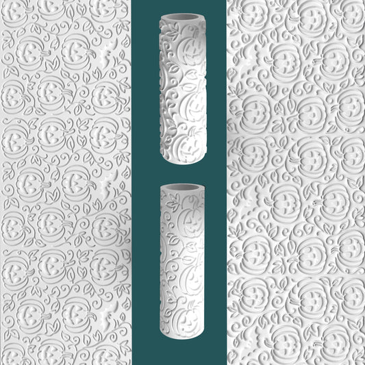 Decorative cylindrical object with embossed patterns on a white background