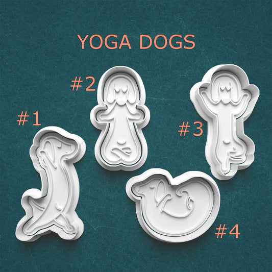 Four yoga dog-shaped cookie cutters on a teal background with 'Yoga Dogs' text above.