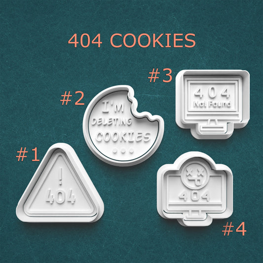 Four cookie cutters with humorous designs on a teal background, labeled '404 Cookies'.