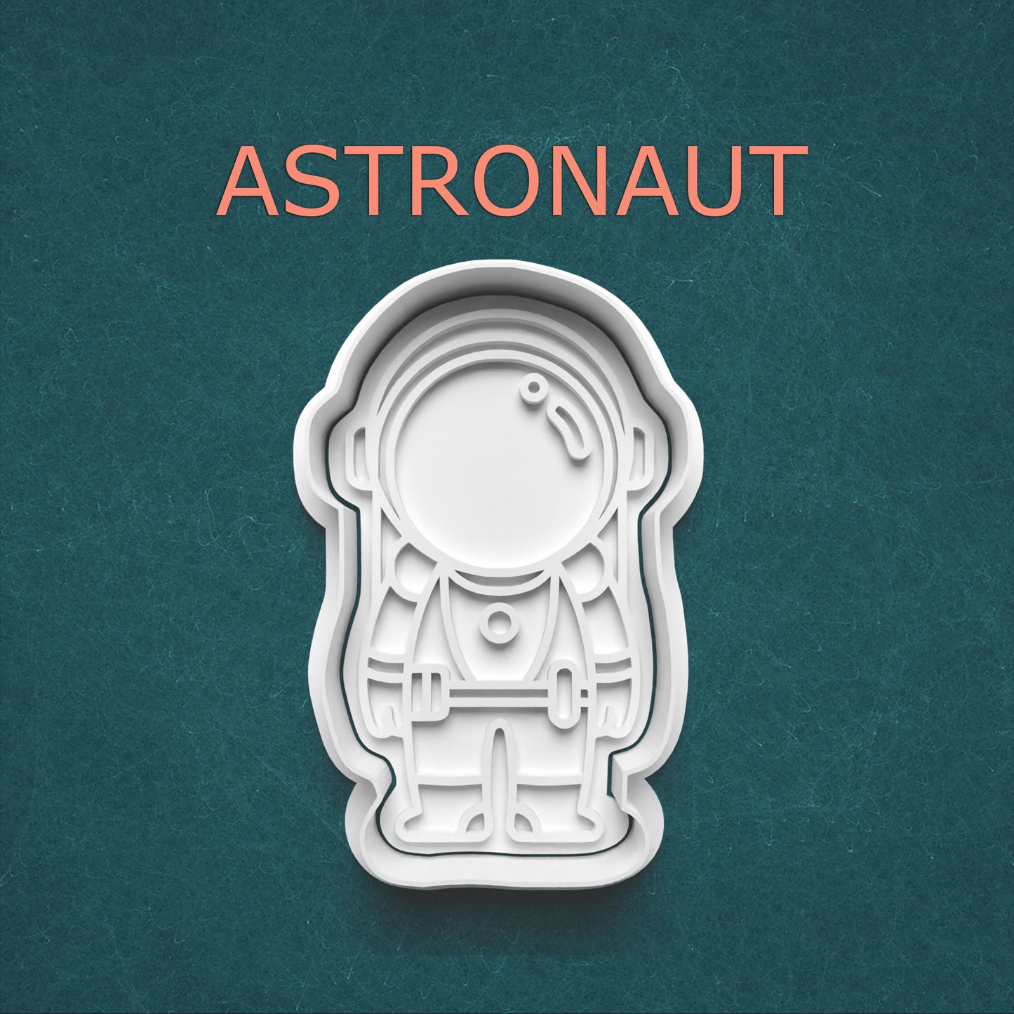 Astronaut cookie cutter on a teal background with 'ASTRONAUT' text.