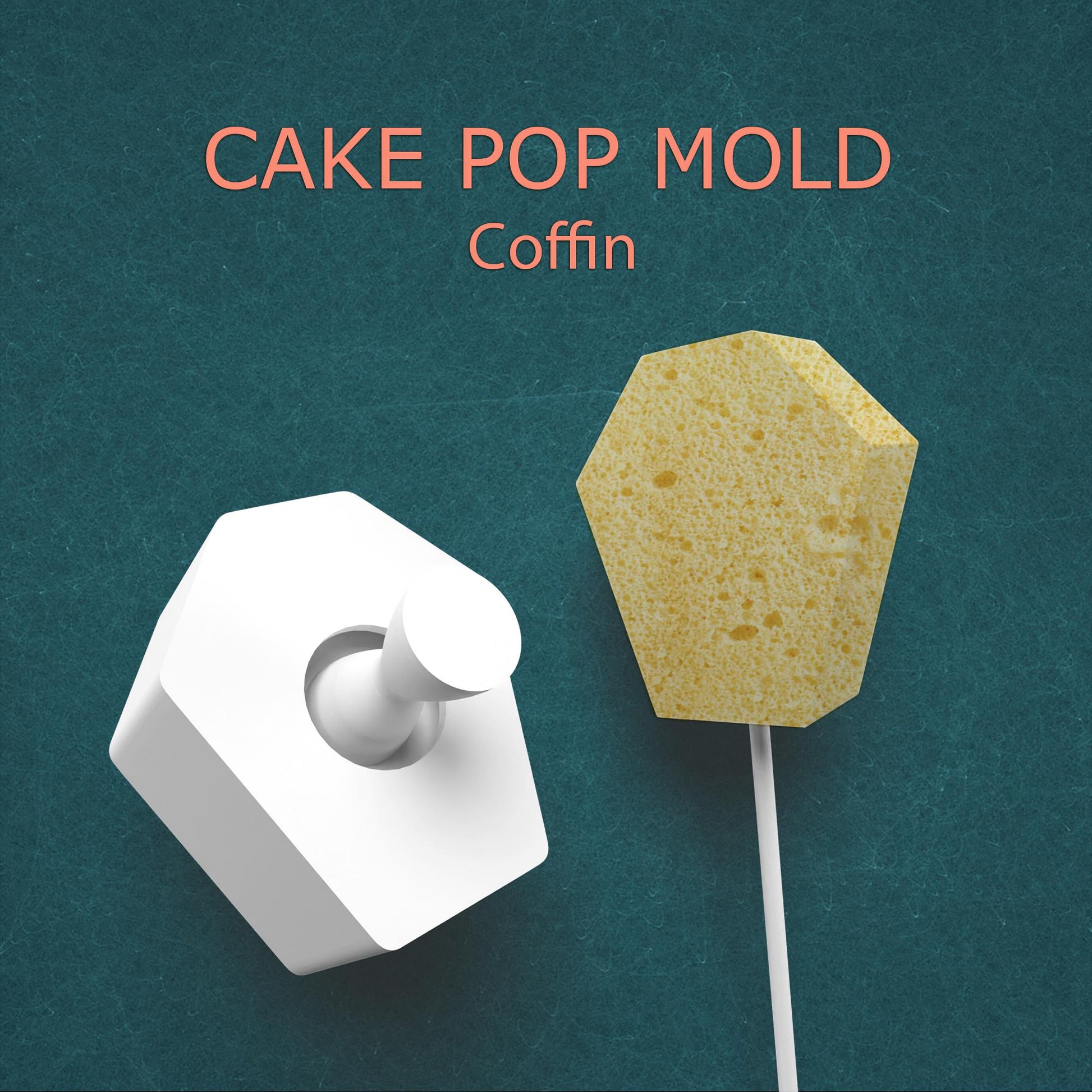 Cake pop mold shaped like a coffin on a teal background