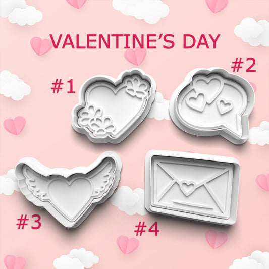 Four heart-shaped cookie cutters on a pink background with 'Valentine's Day' text.