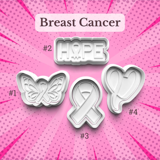 Set of breast cancer awareness cookie cutters on a pink background with 'HOPE' and ribbon designs.
