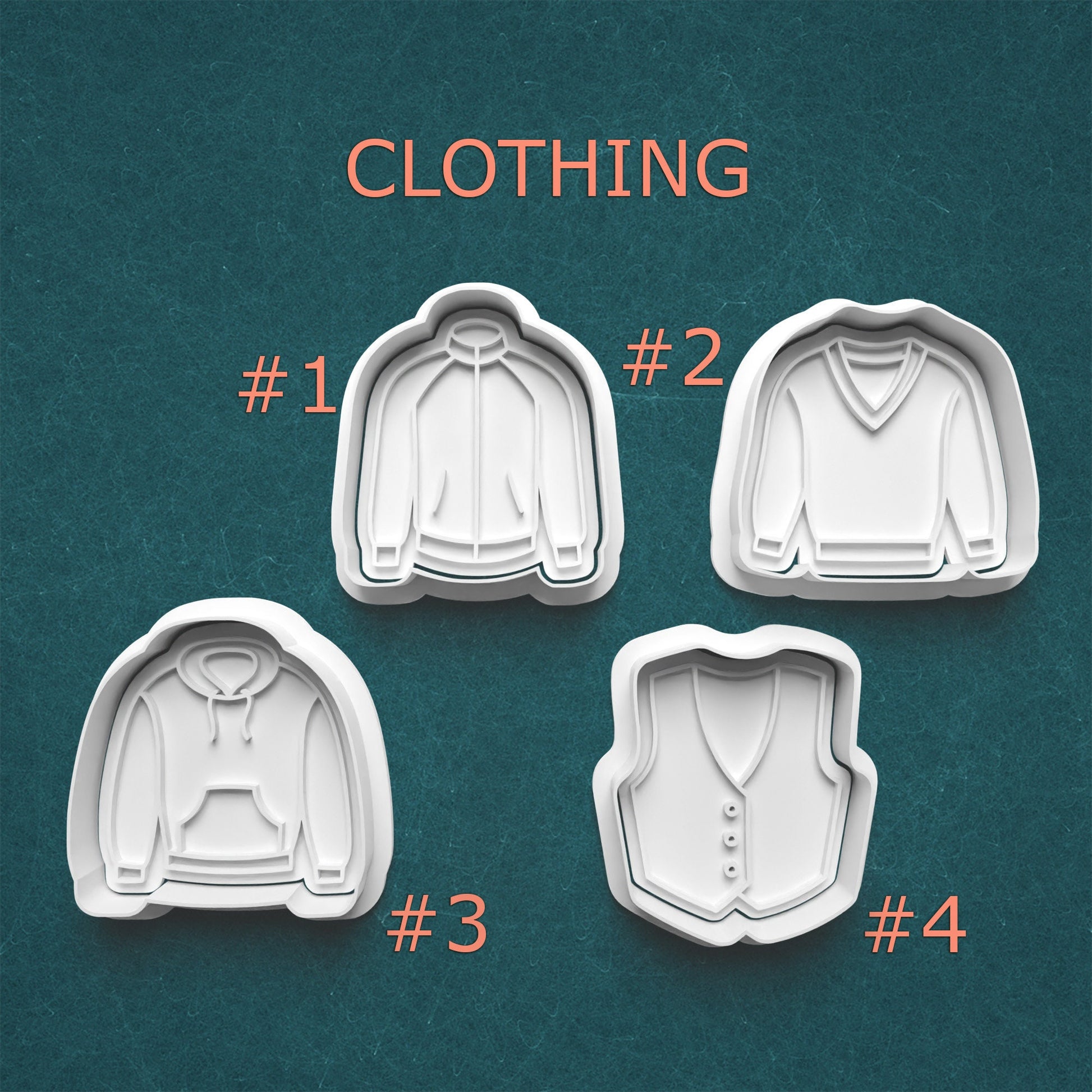 Four clothing-shaped cookie cutters on a teal background with 'CLOTHING' text above.