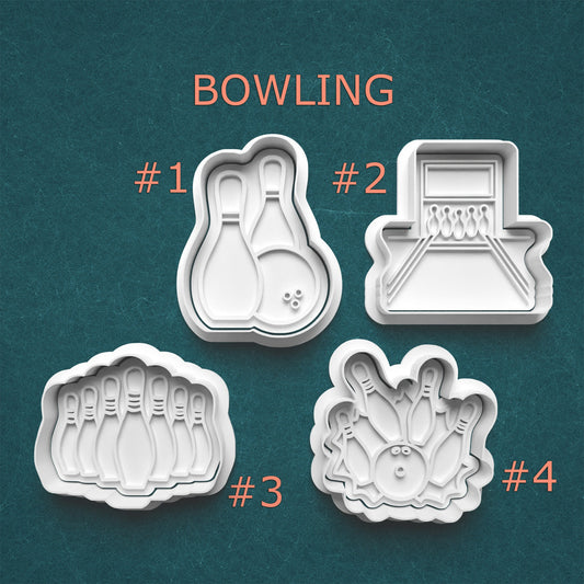 Four cookie cutters shaped like a bowling ball, bowling alley, bowling pins, and a person bowling on a teal background.