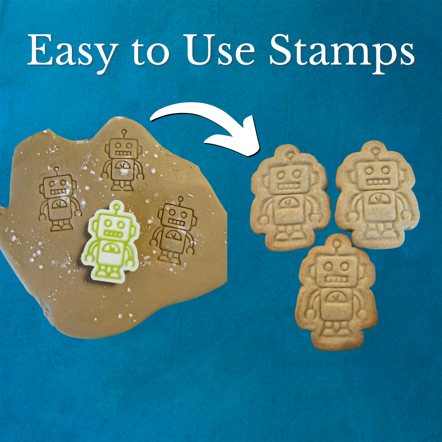 A white robot-shaped cookie stamp from a cookie cutter set with stamps and three stamped cookies are shown on a blue background, with dough displaying robot stamp impressions. Text reads "Easy to Use Stamps".