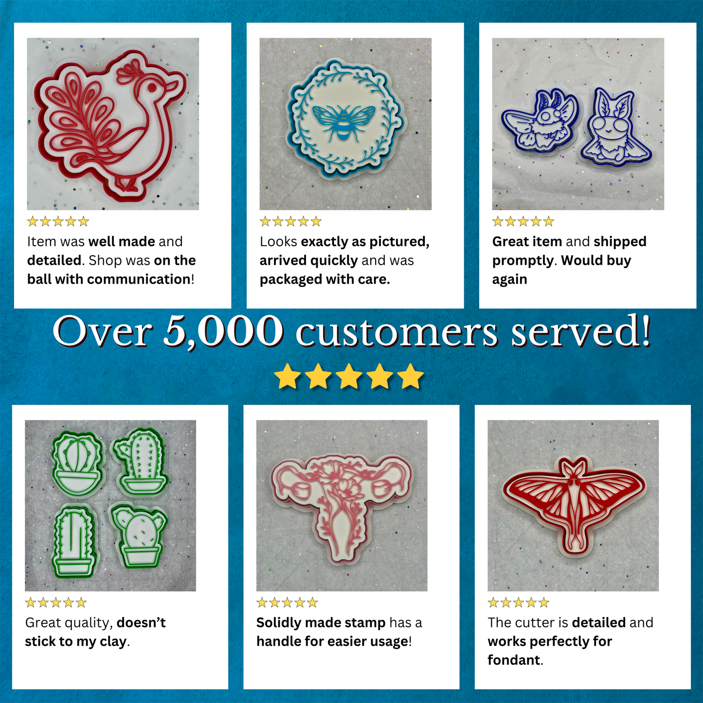 A collage showcasing five-star customer reviews alongside various cookie cutters with stamps available for sale.