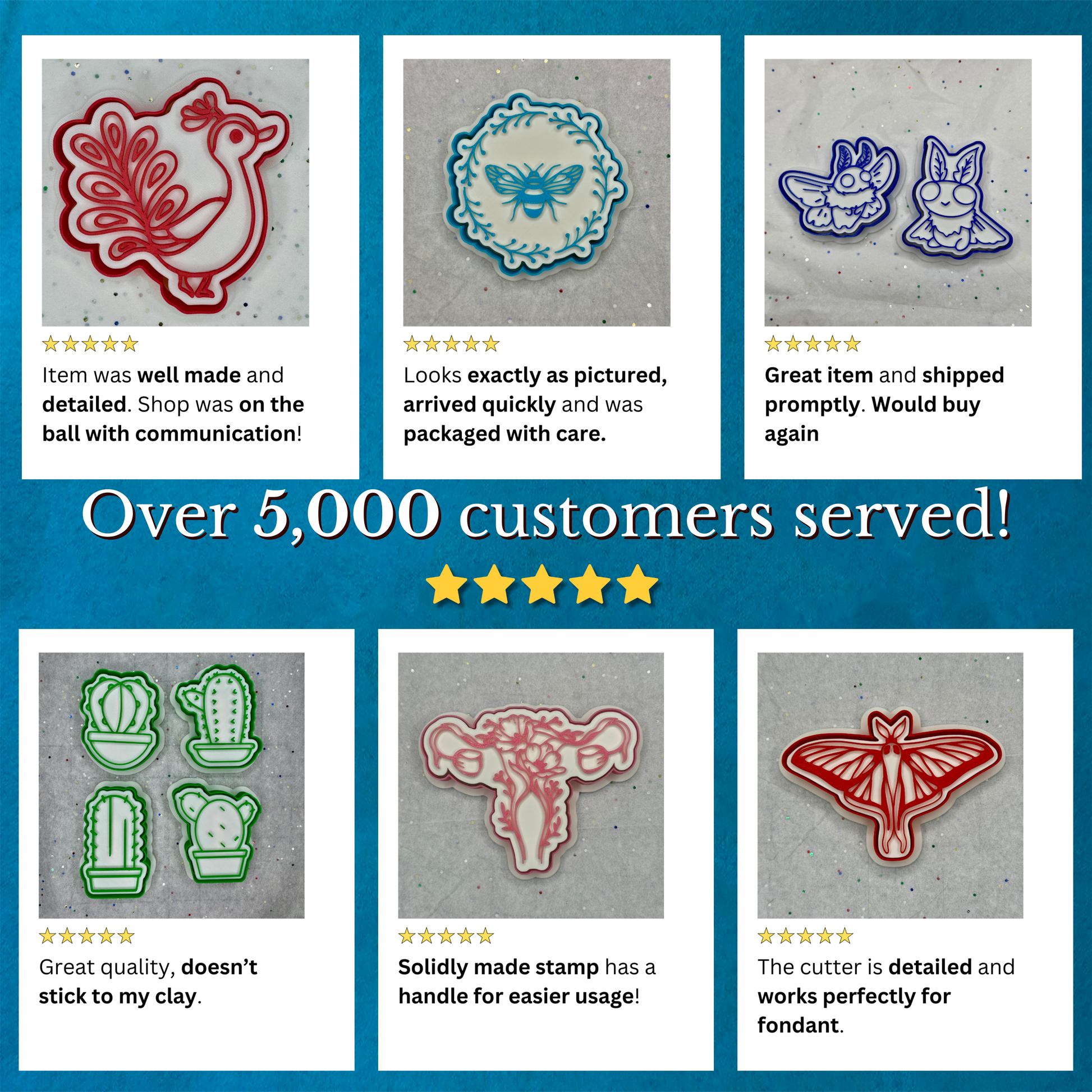 A collage showcasing five-star customer reviews alongside various cookie cutters with stamps available for sale.