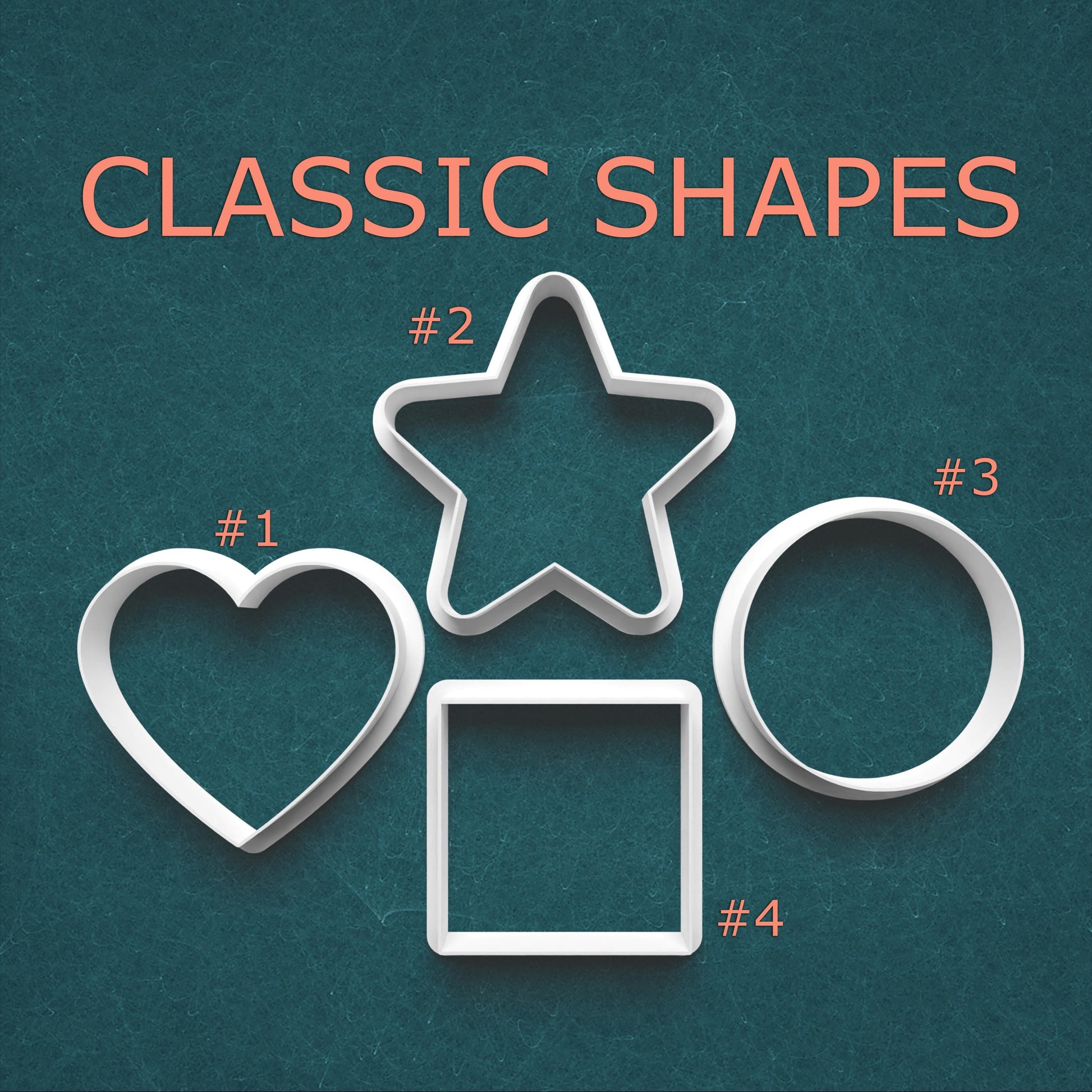 Set of classic cookie cutters shaped like a heart, star, square, and circle on a teal background with 'Classic Shapes' text.
