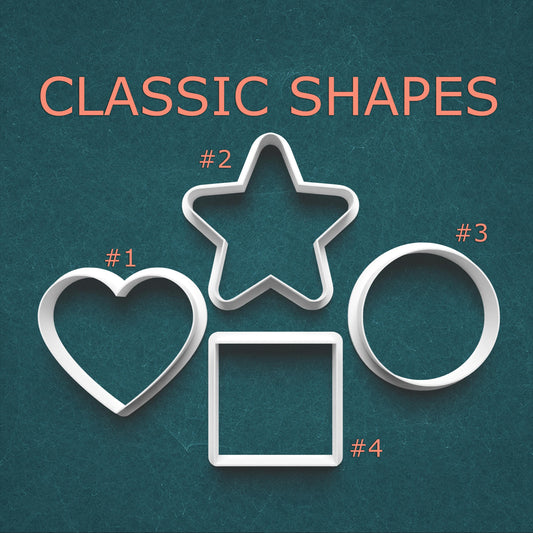 Set of classic cookie cutters shaped like a heart, star, square, and circle on a teal background with 'Classic Shapes' text.