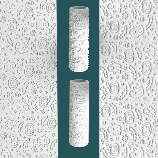 Decorative cylindrical object with embossed patterns on a white background