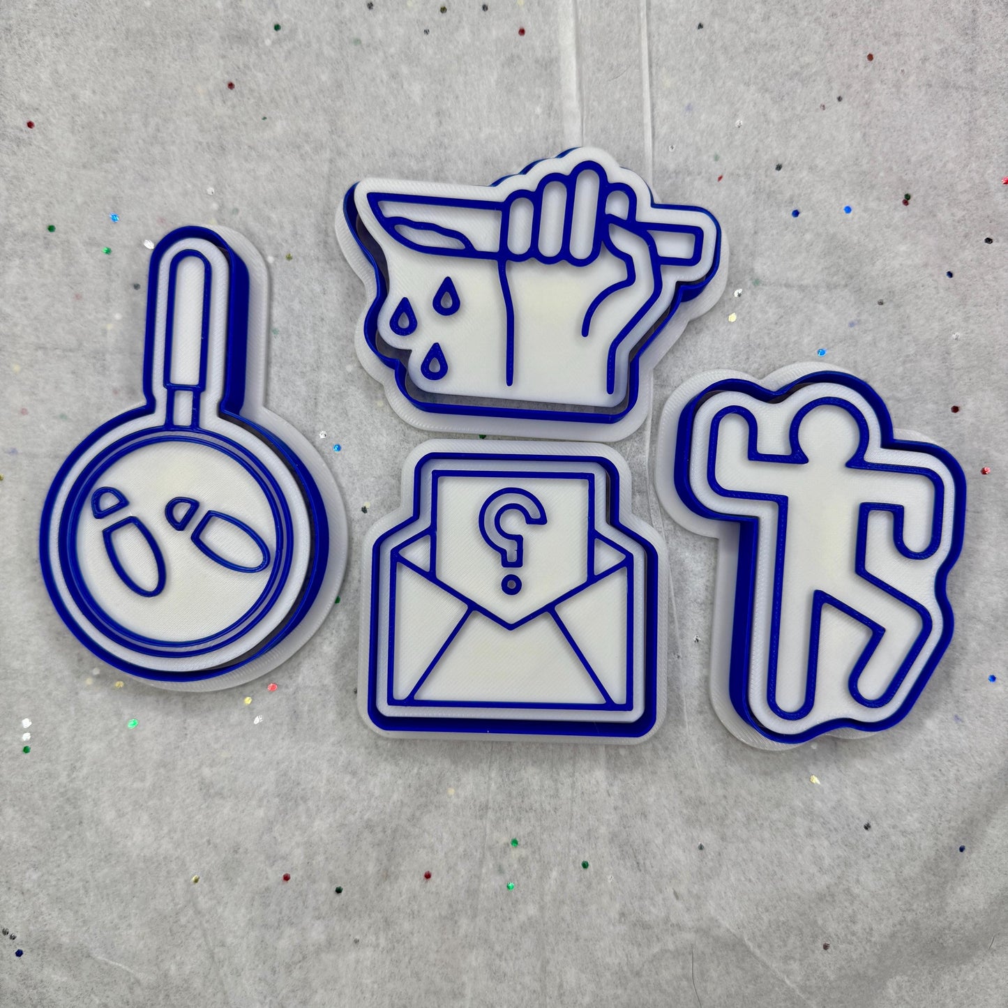 Murder Mystery Cookie Cutter Set – 4 Crime Scene Designs (Body Outline, Bloody Knife, Envelope, Footprints)