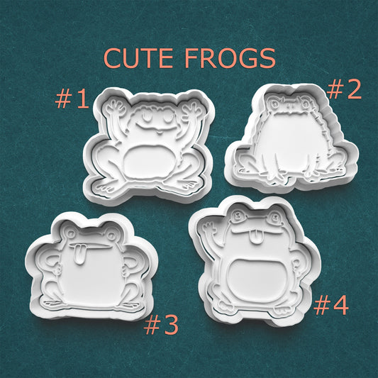 Four frog-shaped cookie cutters on a teal background with 'Cute Frogs' text above.
