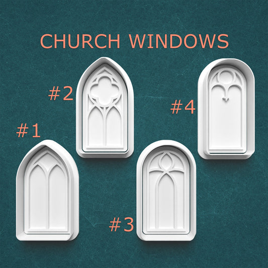 Four white church window designs labeled #1 to #4 on a teal background