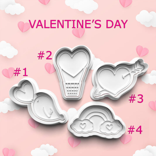 Set of heart-shaped cookie cutters on a pink background with Valentine's Day text and hearts.