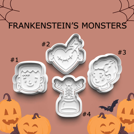 Set of Halloween-themed cookie cutters with Frankenstein's Monsters design on a brown background.