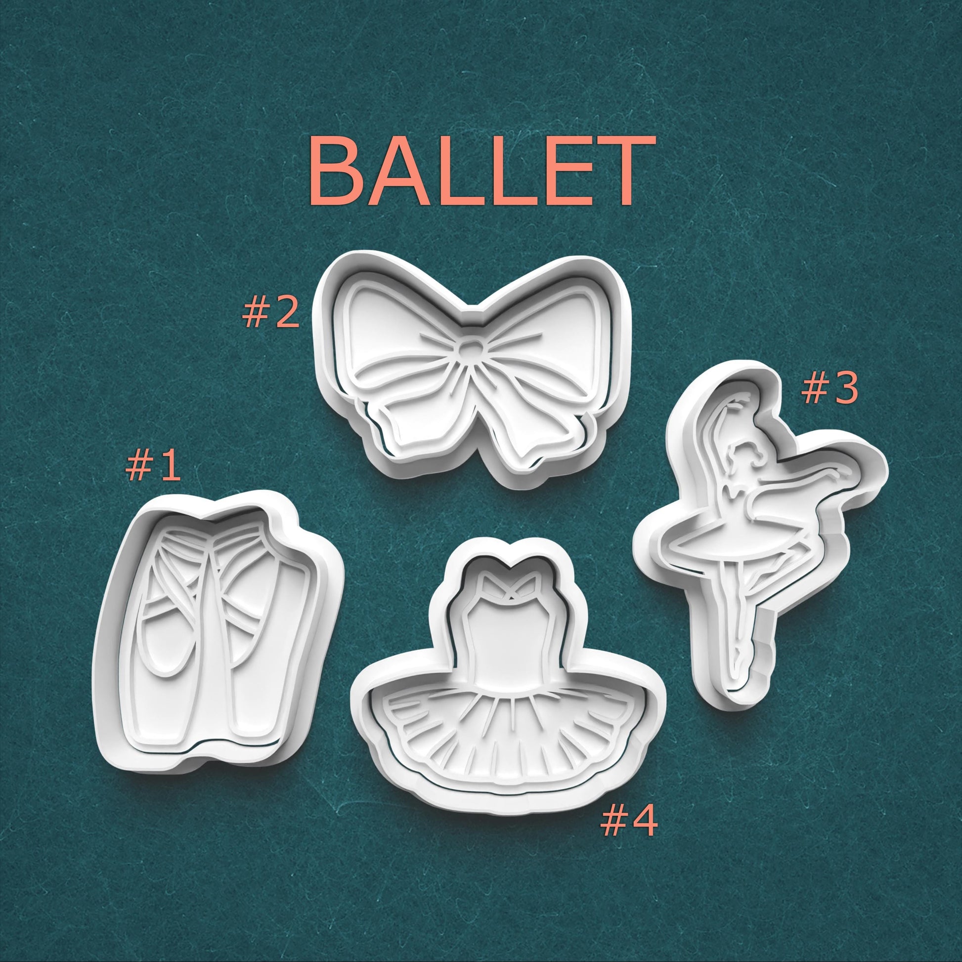 Set of four ballet-themed cookie cutters on a teal background with 'Ballet' text.