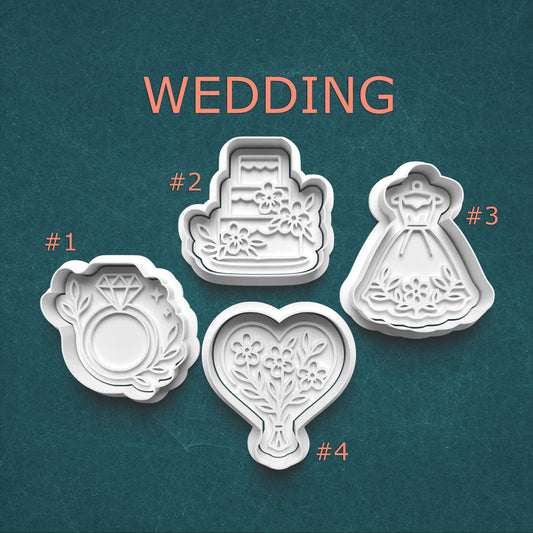 Set of wedding-themed cookie cutters on a teal background with 'WEDDING' text.