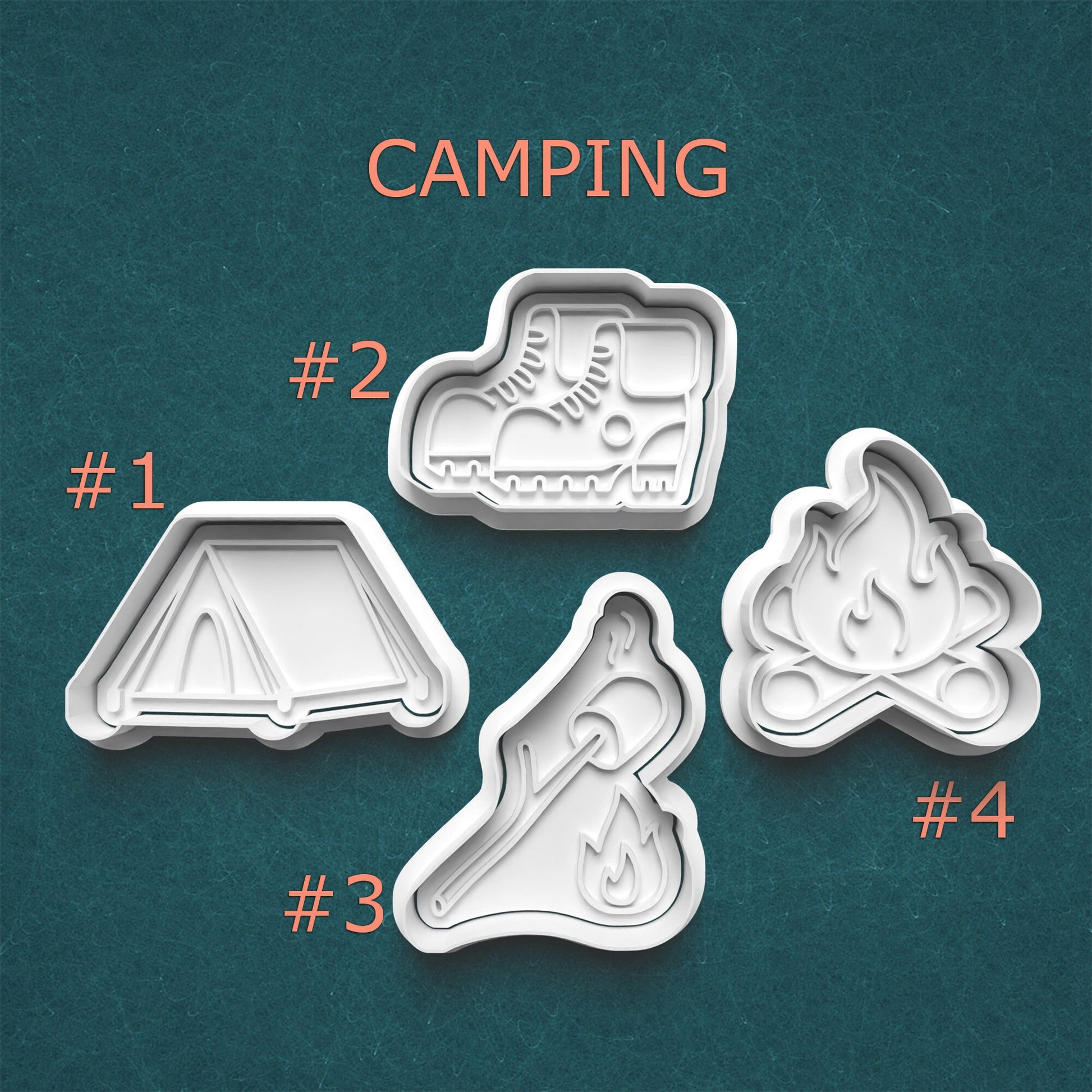 Set of four camping-themed cookie cutters on a teal background with 'Camping' text.