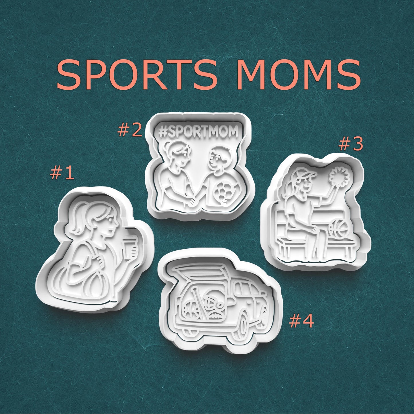 Set of cookie cutters with sports-themed designs on a teal background