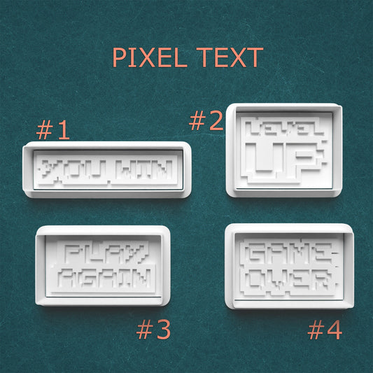 Four rectangular pixel text molds on a teal background with pixelated text.