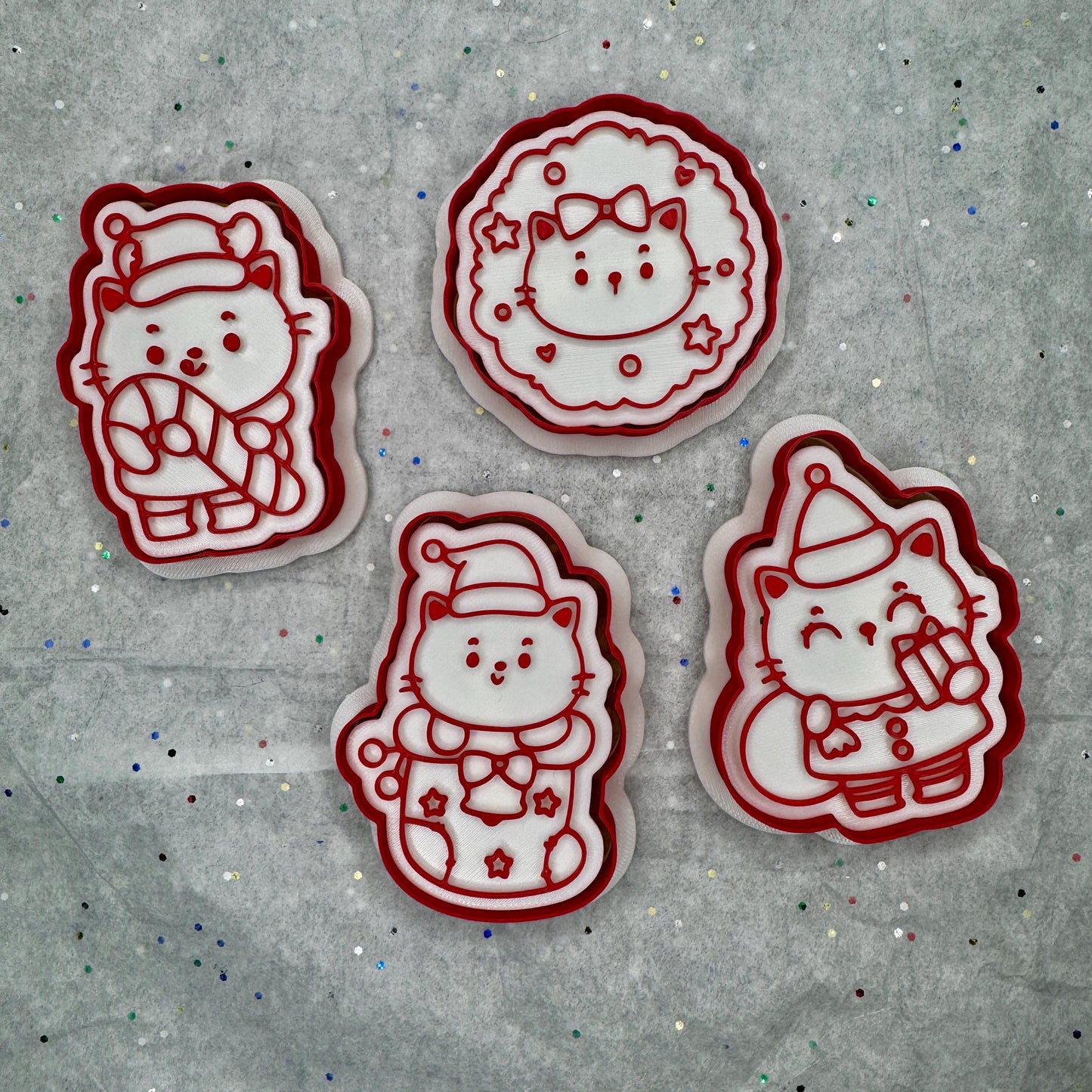 Christmas Cat Cookie & Clay Cutter Set – Santa Hats, Gifts, Candy Canes