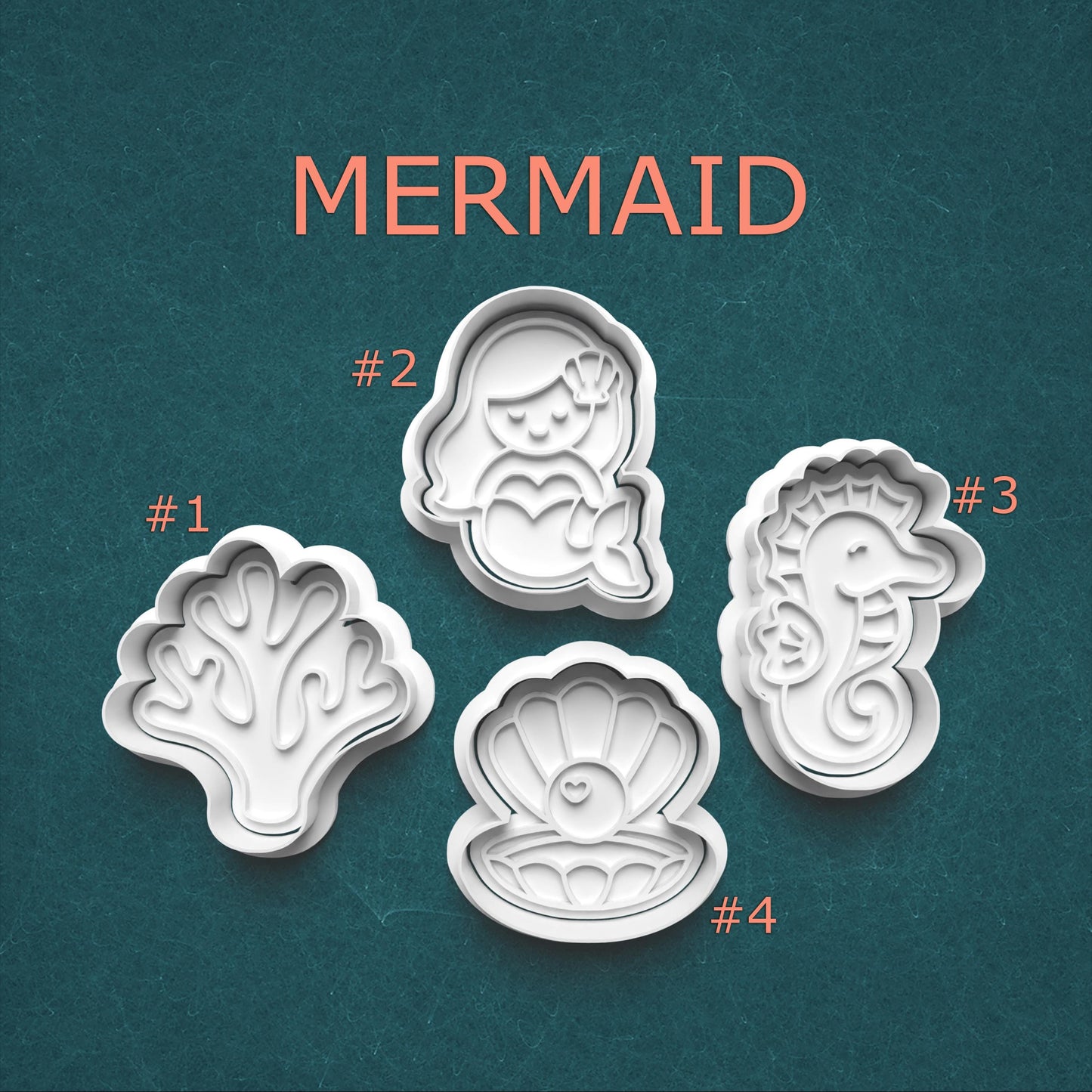 Set of four mermaid-themed cookie cutters on a teal background with 'MERMAID' text.