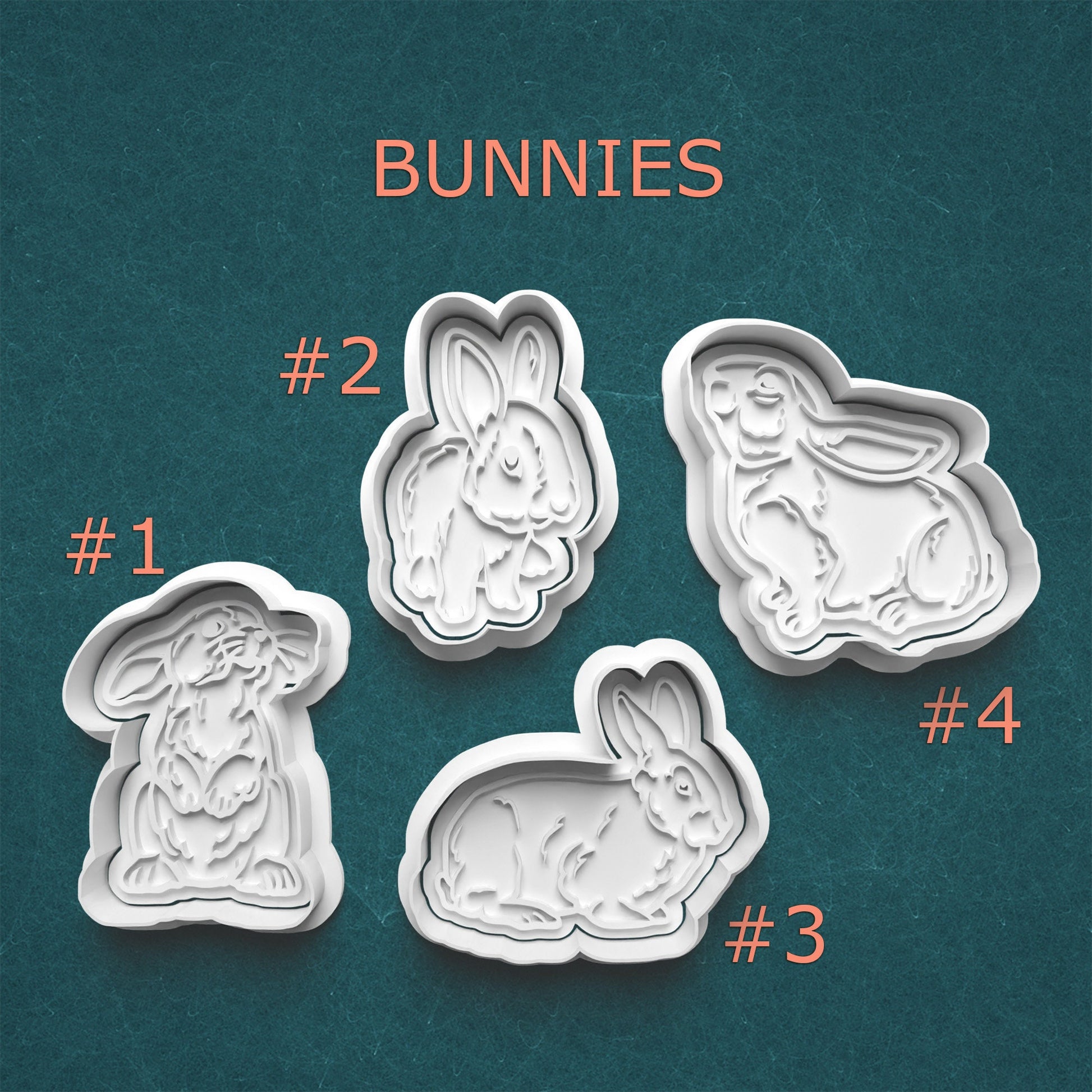 Four bunny-shaped cookie cutters on a teal background with 'Bunnies' text above.