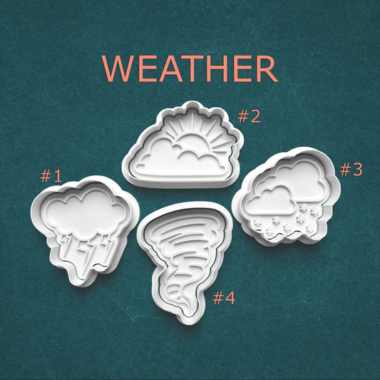 Set of four weather-themed cookie cutters on a teal background with 'WEATHER' text.