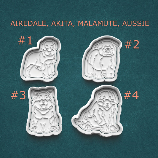 Four dog-shaped cookie cutters on a teal background with text indicating breeds.