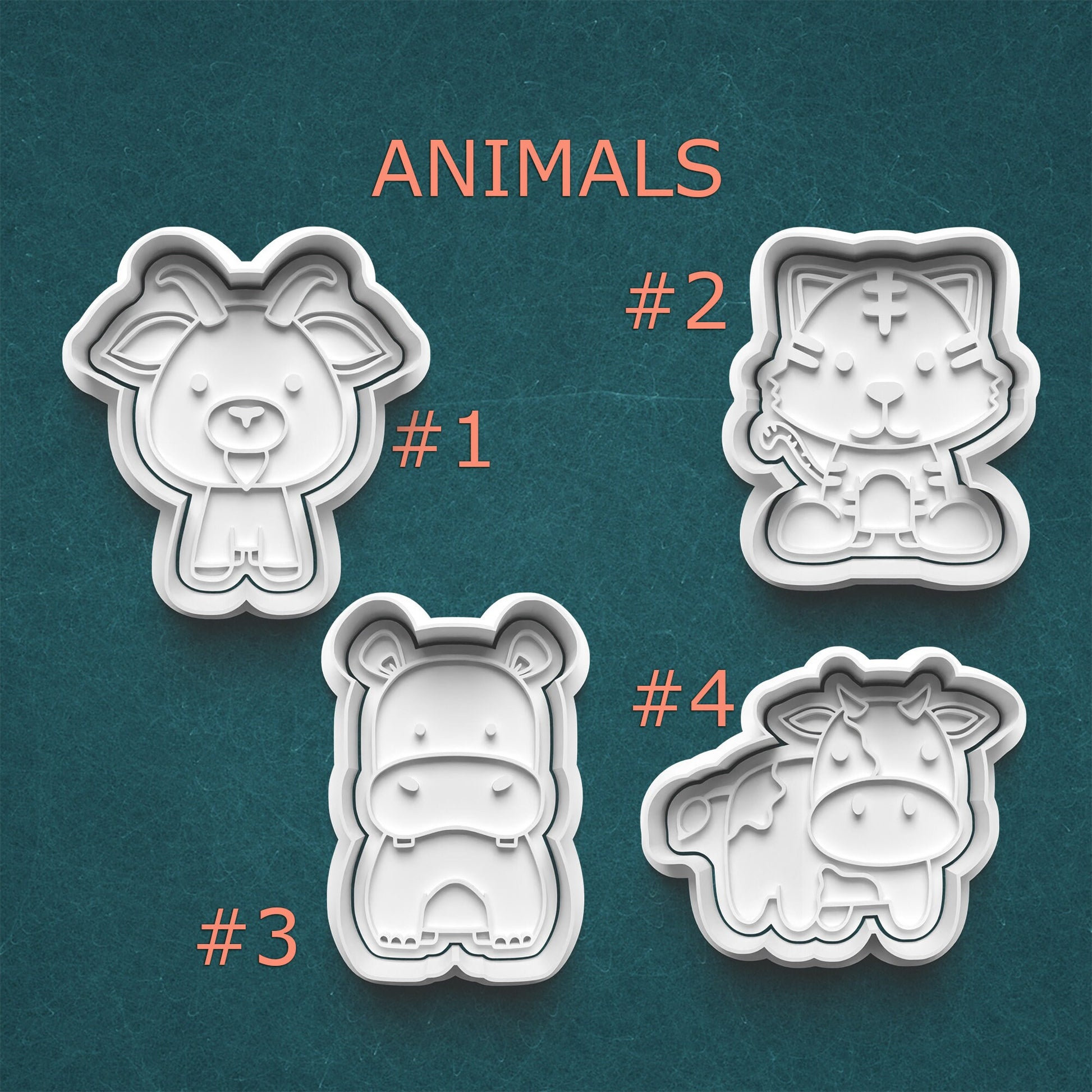 Four animal-shaped cookie cutters on a teal background with labels.